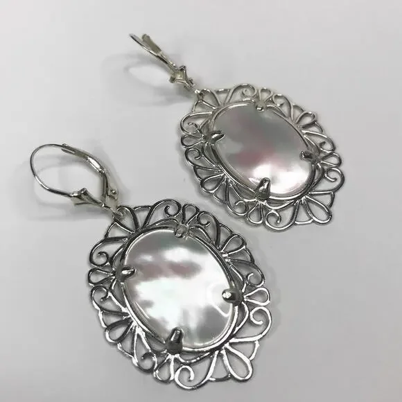 Beautiful Mother of Pearl Earrings in Sterling Silver 2 inch - Picture 2 of 8